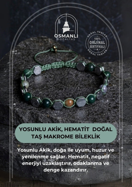 Yosunlu Akik, Hematit Doğal Taş Makrome Bileklik