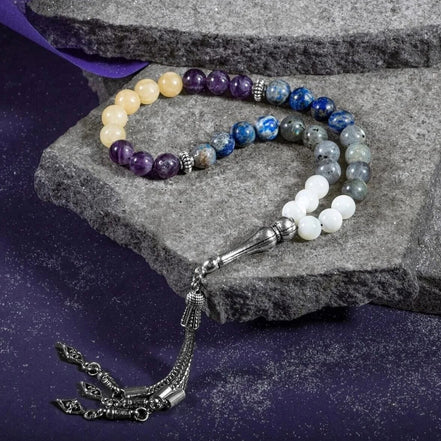 Yay Burcu Tesbih Ametist, Kalsit, Labradorit, Lapis Lazuli, Sedef
