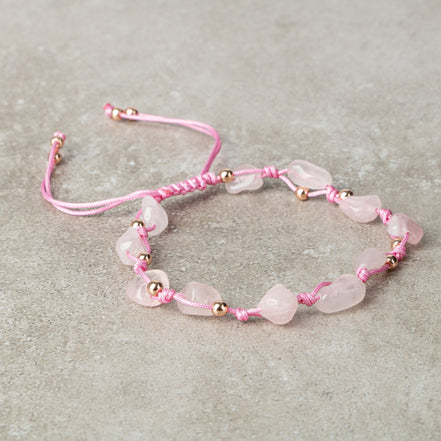 Pembe Kuvars (Gül Kuvars) Natürel Kesim Doğal Taş Makrome Bileklik – Unisex El İşçiliği