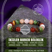 İkizler Burcu Bileklik Ay Taşı, Güneş Taşı, Kaplan Gözü, Kırmızı Akik, Pembe Kuvars, Yeşim