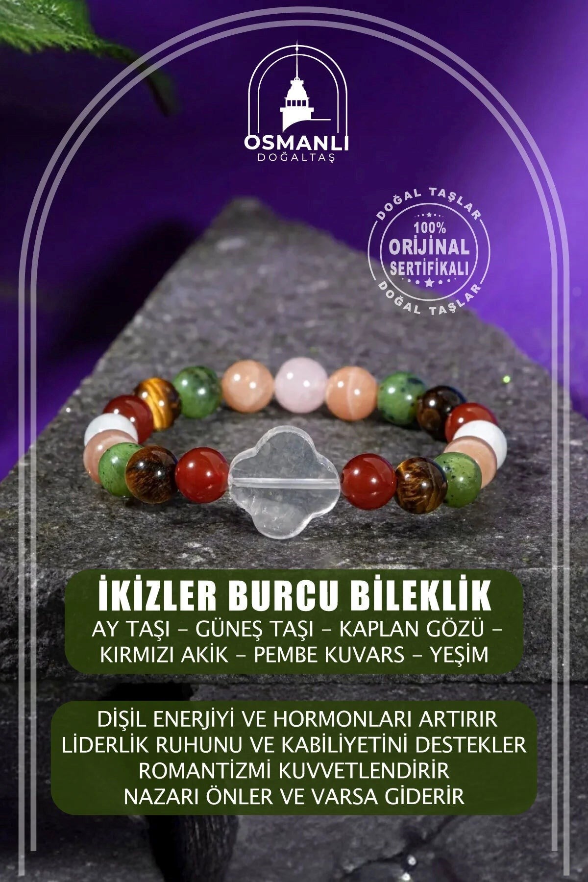 İkizler Burcu Bileklik Ay Taşı, Güneş Taşı, Kaplan Gözü, Kırmızı Akik, Pembe Kuvars, Yeşim