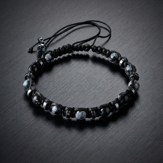 Karlı Obsidyen & Hematit – 6 mm – İpli Model Erkek Bilekliği