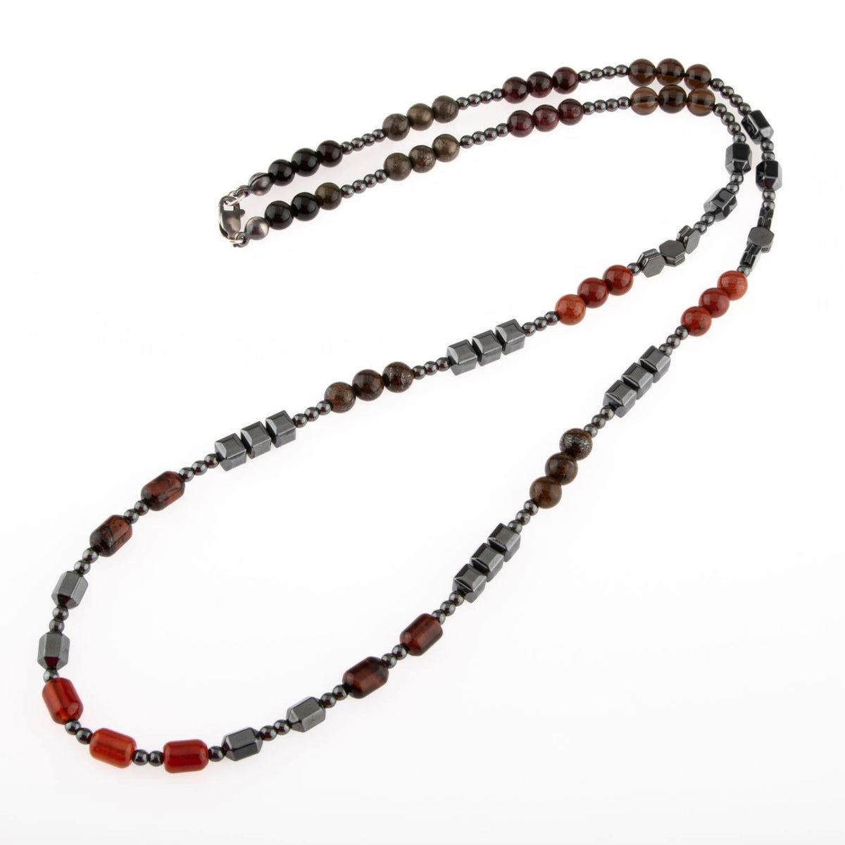 Obsidyen, Pirit, Dumanlı Kuvars, Jasper, Bronzit, Kaplan Gözü, Kırmızı Akik, Lal Taşı & Hematit Doğal Taş Erkek Tasarım Kolye – Özel Tasarım (70 cm)
