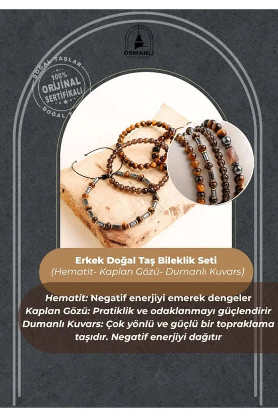 Hematit-Kaplan Gözü-Dumanlı Kuvars Erkek Doğal Taş Bileklik Seti