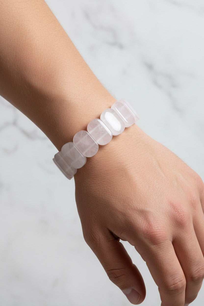 Kristal Kuvars Geniş Kesim Doğal Taş Bileklik – Unisex Şık Tasarım (9 x 14 mm Özel Kesim)