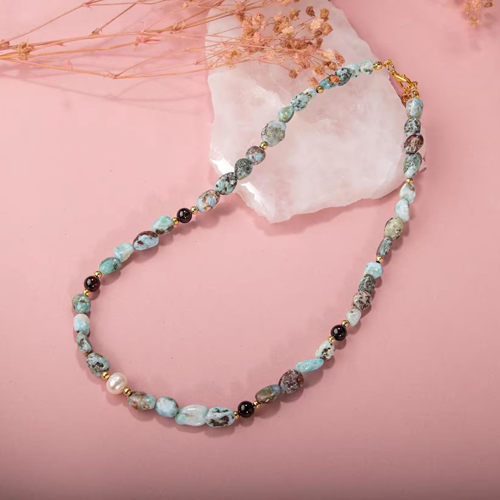 Larimar-Lal-Hematit-İnci-Ay Taşı Altın Kaplama Doğal Taş Kolye