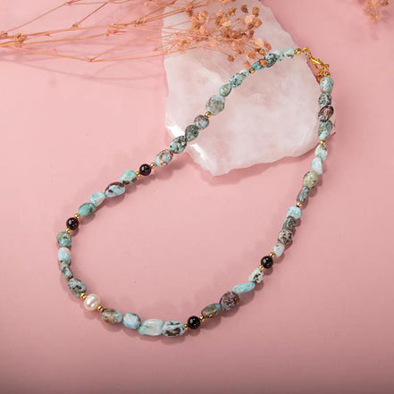 Larimar-Lal-Hematit-İnci-Ay Taşı Altın Kaplama Doğal Taş Kolye