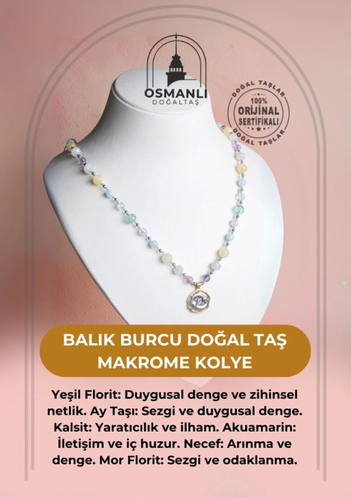 Balık Burcu Doğal Taş Makrome Kolye