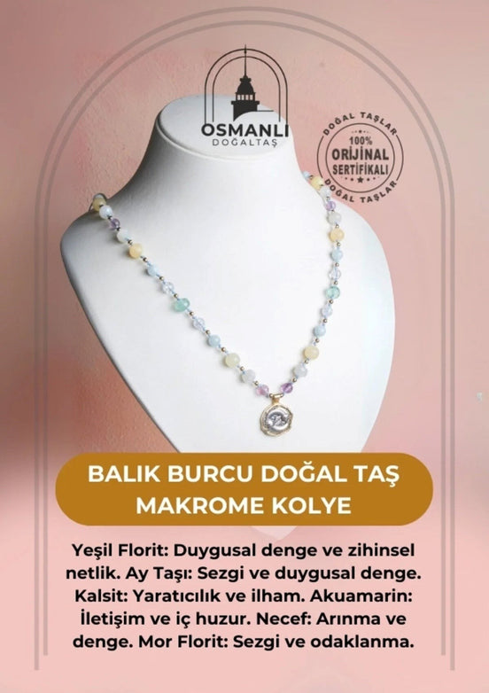 Balık Burcu Doğal Taş Makrome Kolye