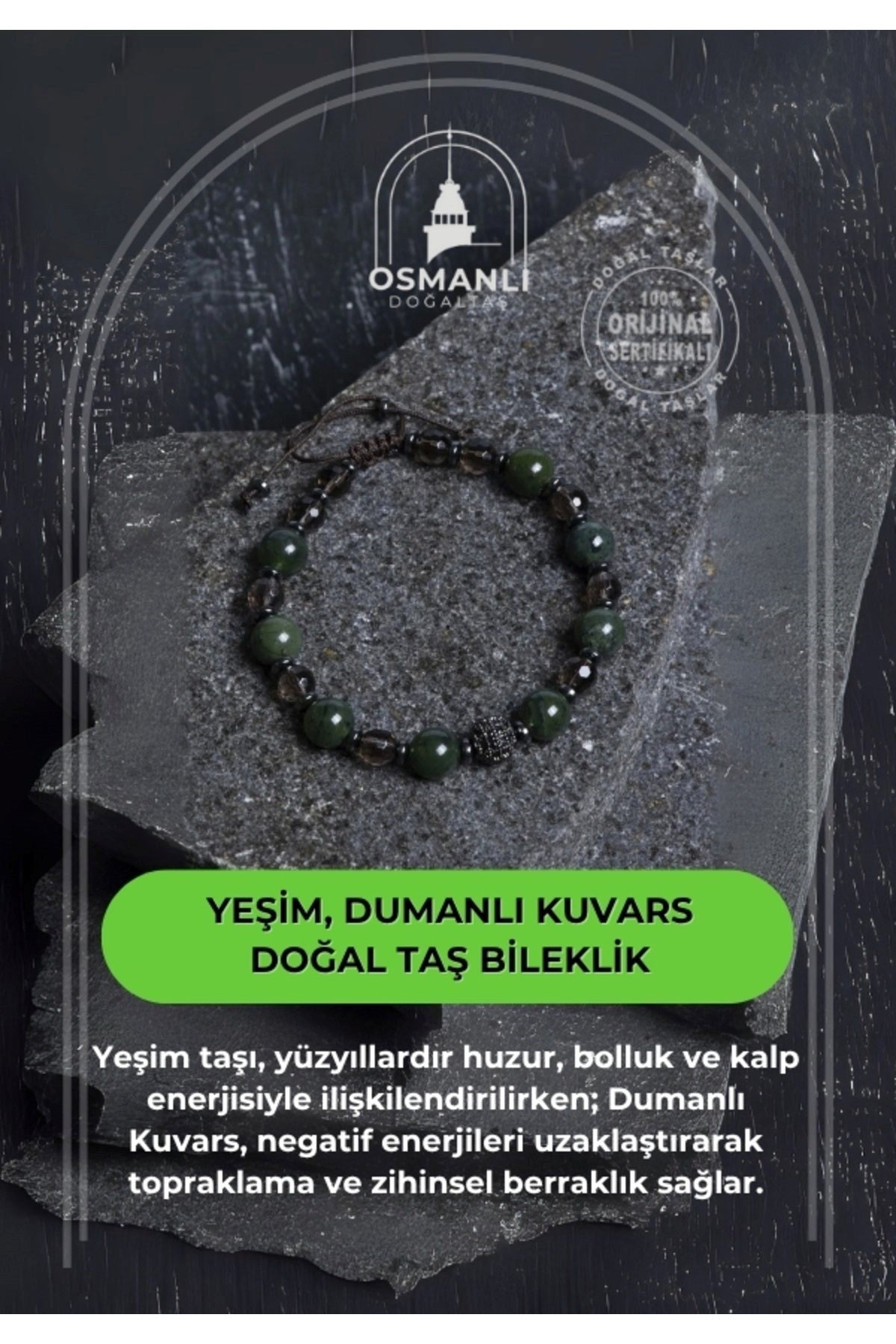 Sertifikalı Yeşim, Dumanlı Kuvars Doğal Taş Bileklik