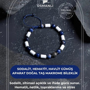 Sodalit, Hematit, Havlit Gümüş Aparat  Doğal Taş Makrome Bileklik