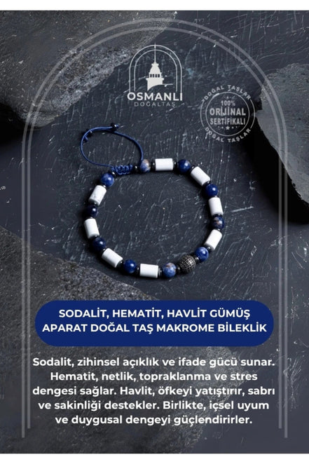 Sodalit, Hematit, Havlit Gümüş Aparat  Doğal Taş Makrome Bileklik