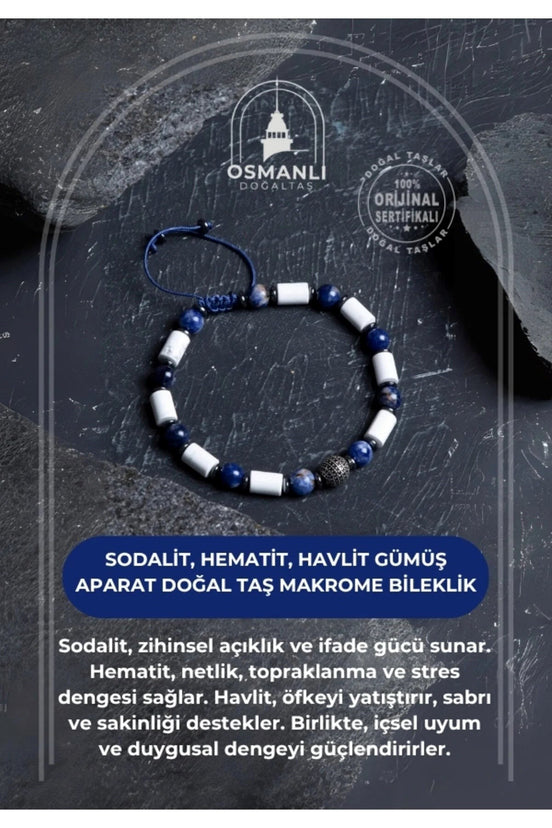 Sodalit, Hematit, Havlit Gümüş Aparat  Doğal Taş Makrome Bileklik