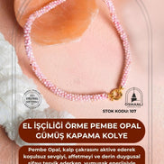 El İşçiliği Örme Pembe Opal Gümüş Kapama Kolye (SK:107)