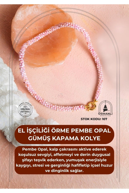 El İşçiliği Örme Pembe Opal Gümüş Kapama Kolye (SK:107)