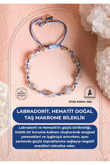 Sertifikalı Labradorit, Hematit Doğal Taş Makrome Bileklik (SK:081)