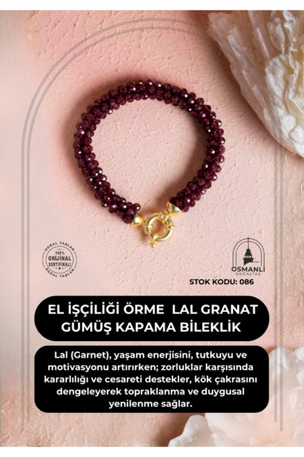 El İşçiliği Örme Lal (Granat) Gümüş Kapama Bileklik (SK:086)