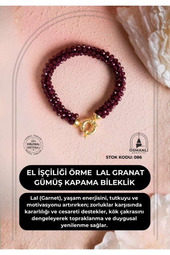 El İşçiliği Örme Lal (Granat) Gümüş Kapama Bileklik (SK:086)