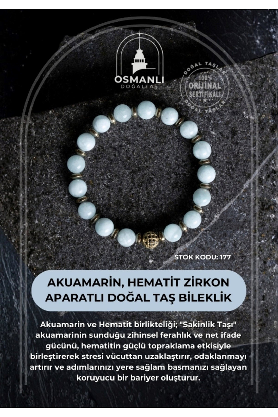 Sertifikalı Akuamarin, Hematit Zirkon Aparatlı Doğal Taş Bileklik (SK:177)