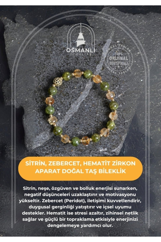 Sertifikalı Sitrin, Zebercet, Hematit Zirkon Aparat Doğal Taş Bileklik