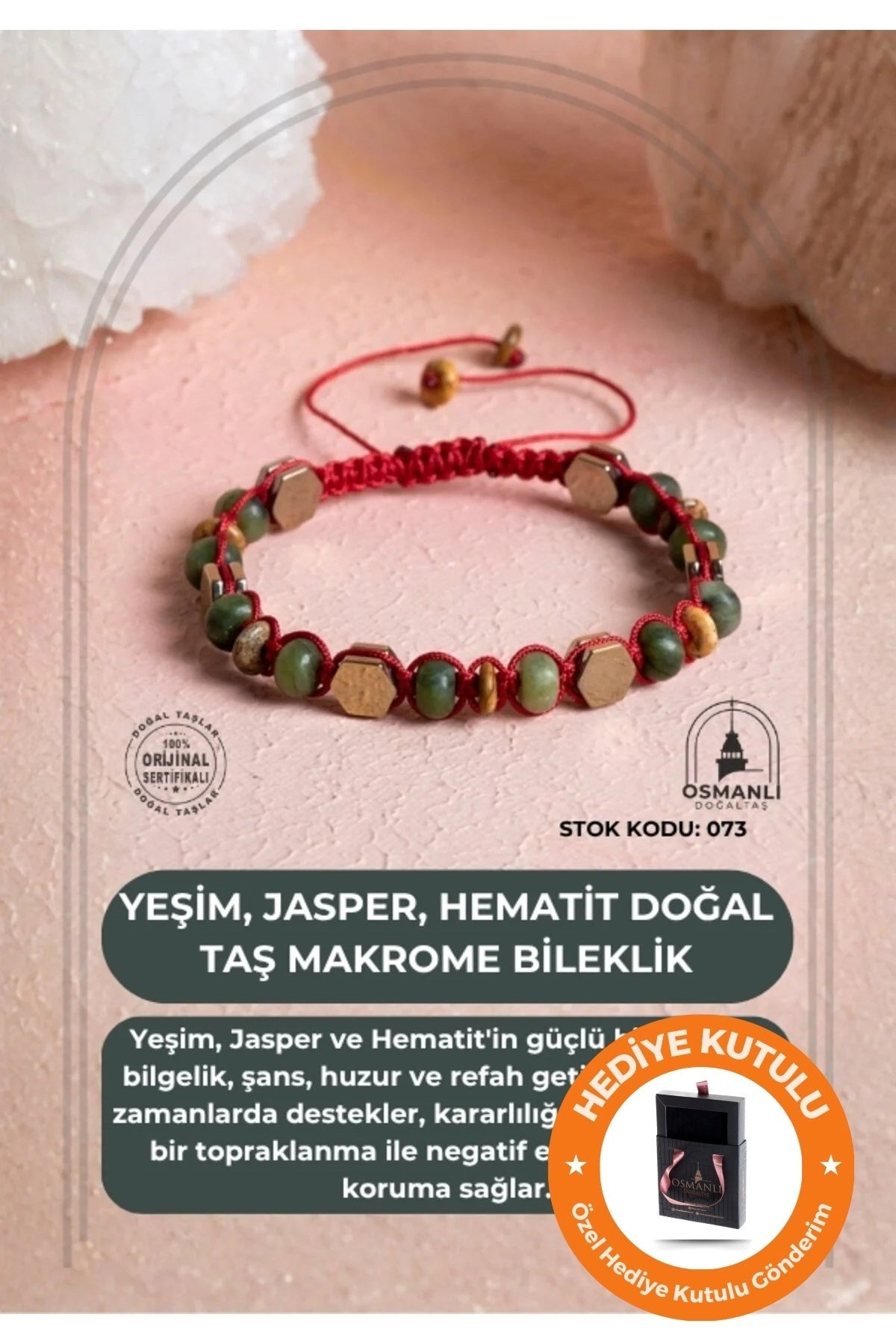 Sertifikalı Yeşim, Jasper, Hematit Doğal Taş Makrome Bileklik (SK:073)