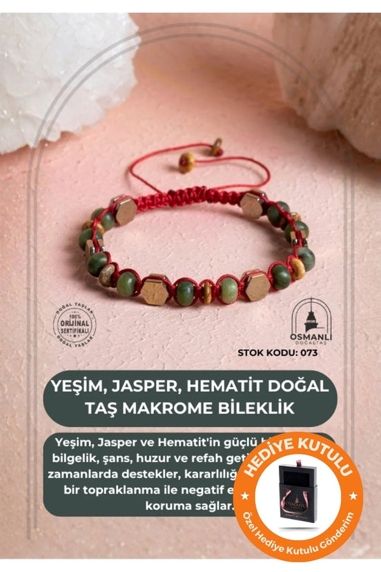 Sertifikalı Yeşim, Jasper, Hematit Doğal Taş Makrome Bileklik (SK:073)