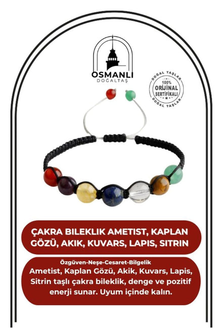 Çakra Bileklik Ametist, Kaplan Gözü, Akik, Kuvars, Lapis, Sitrin