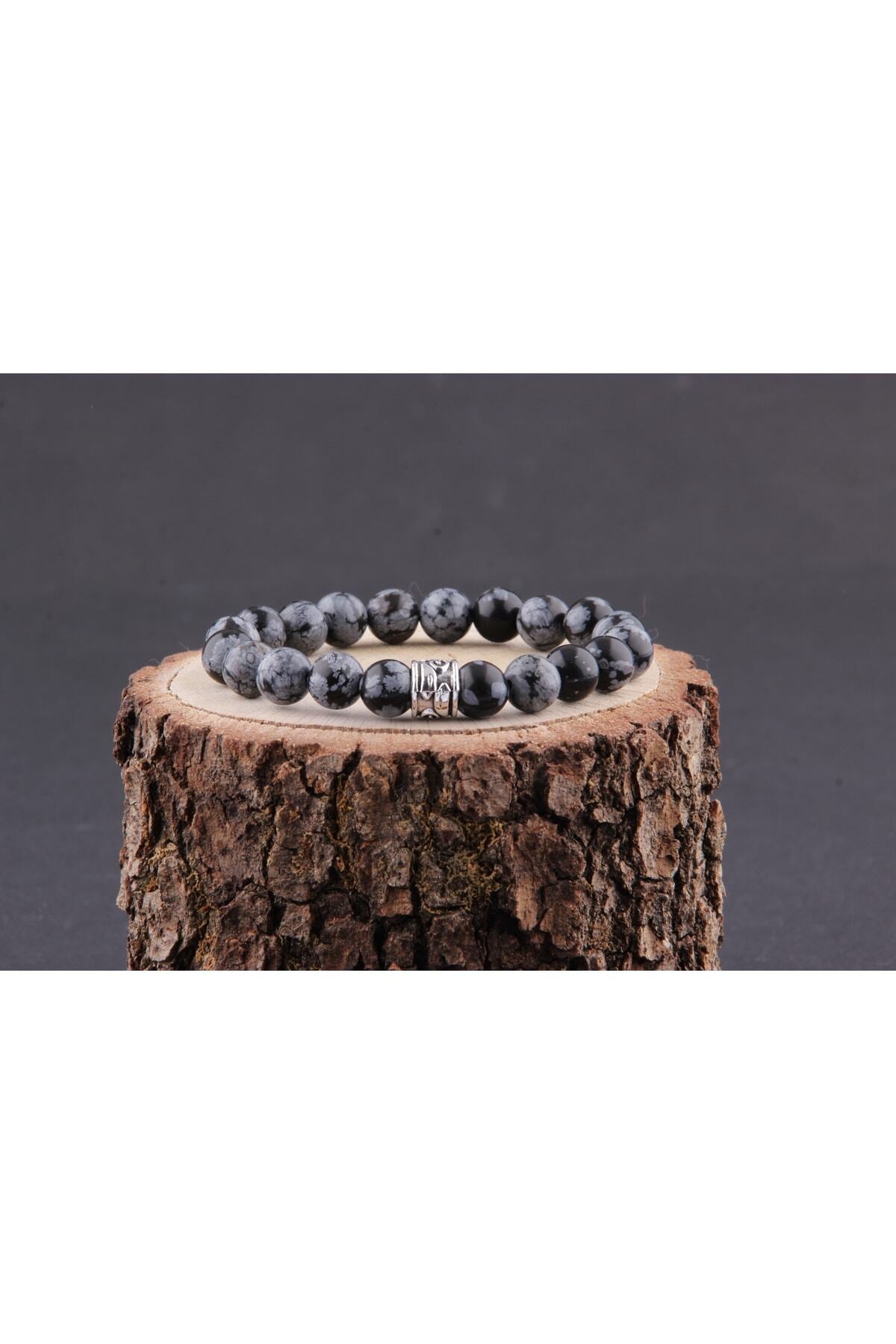 Orijinal & Sertifikalı Unisex Denge Huzur Pozitif Enerji Karlı Obsidyen Doğal Taş Bileklik 8 mm