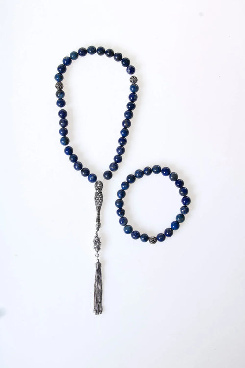 Sertifikalı Lapis Lazuli 925 Ayar Gümüş 8 mm İmameli Tesbih & Bileklik Seti
