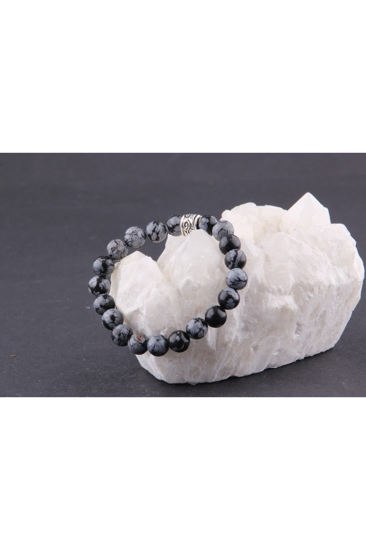 Orijinal & Sertifikalı Unisex Denge Huzur Pozitif Enerji Karlı Obsidyen Doğal Taş Bileklik 8 mm