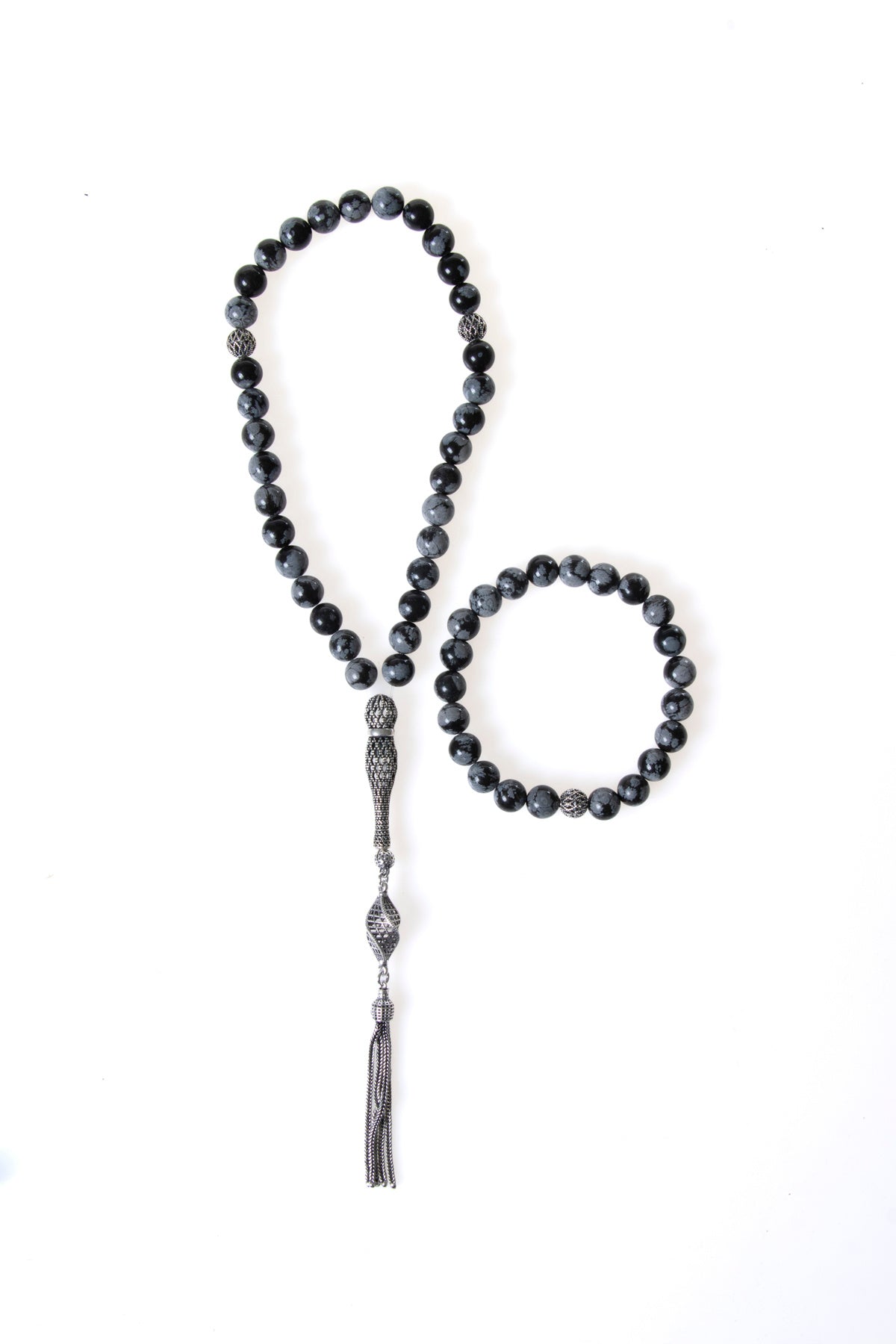 Sertifikalı Karlı Obsidyen 925 Ayar Gümüş 8 mm İmameli Tesbih & Bileklik Seti