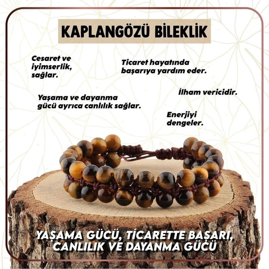 Kaplan Gözü 8mm Çift Sıra Makrome Doğal Taş Bileklik