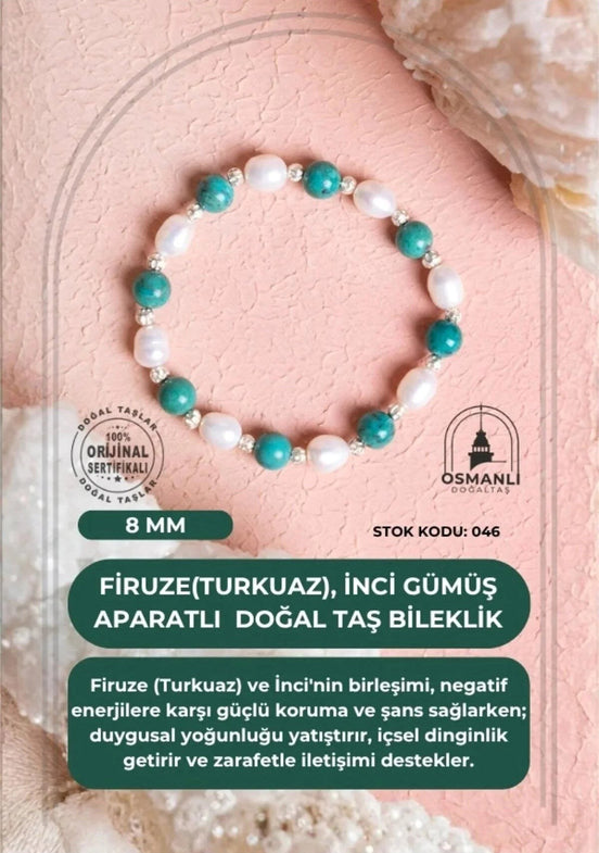 Firuze (Turkuaz), İnci Gümüş Aparatlı Doğal Taş Bileklik(SK:046)