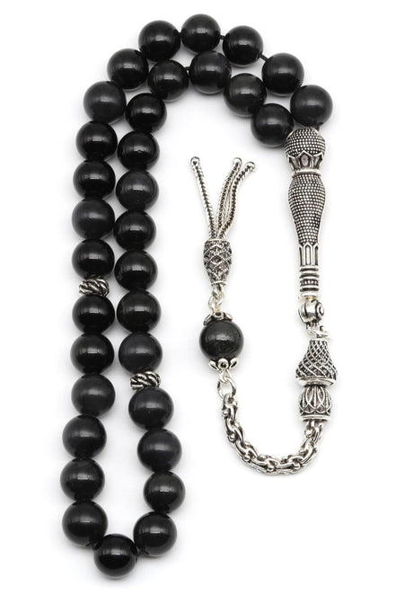 Obsidyen Doğal Taş Tesbih 925 Ayar Gümüş – 8 mm Küre Kesim | 33’lü