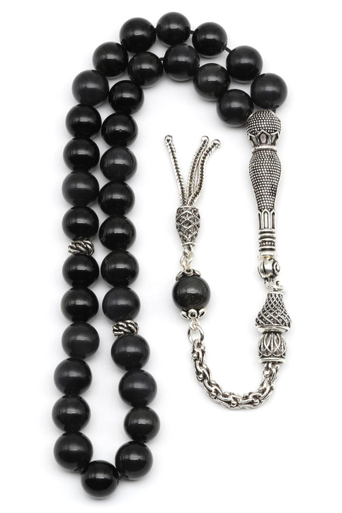 Obsidyen Doğal Taş Tesbih 925 Ayar Gümüş – 8 mm Küre Kesim | 33’lü