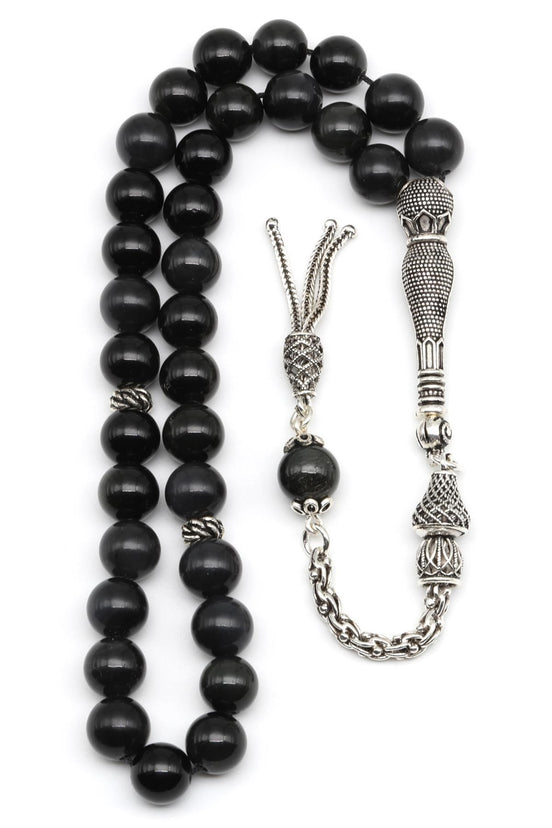 Obsidyen Doğal Taş Tesbih 925 Ayar Gümüş – 8 mm Küre Kesim | 33’lü