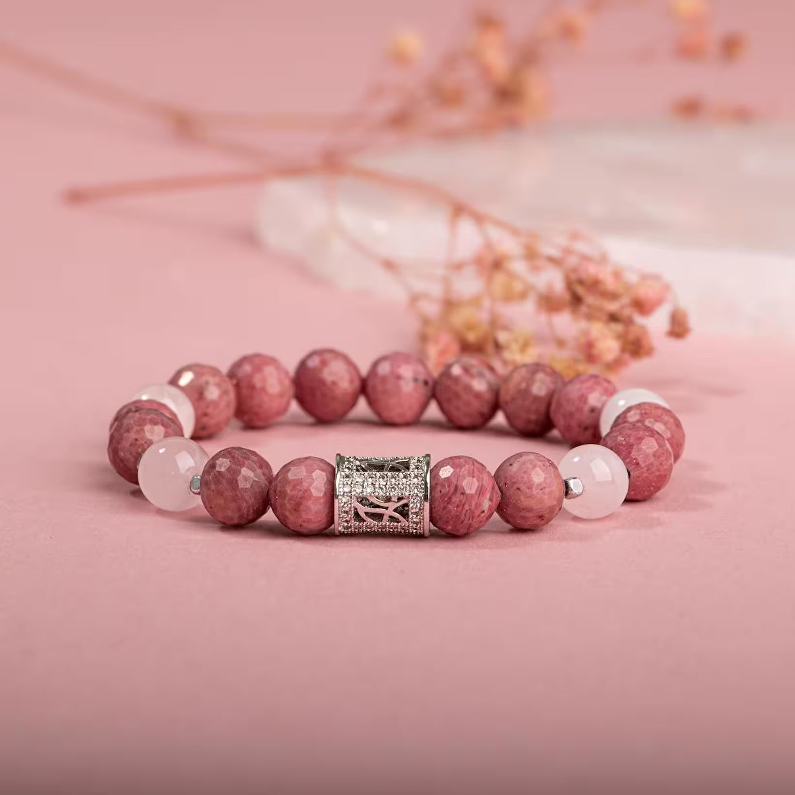 Rodonit-Pembe Kuvars Zirkon Aparat Gümüş Bileklik