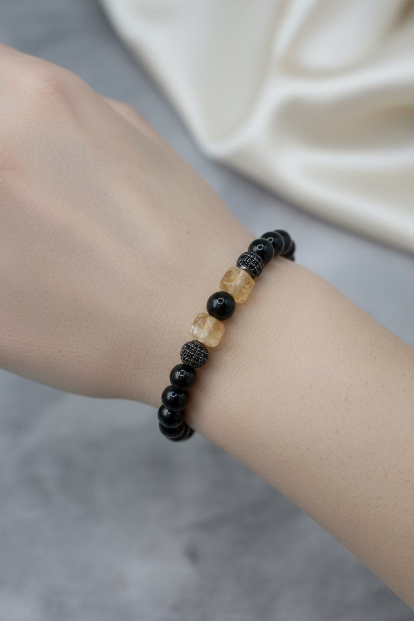 Sitrin, Obsidyen ve Siyah Zirkon Doğal Taş Bileklik – 8 mm Unisex Tasarım
