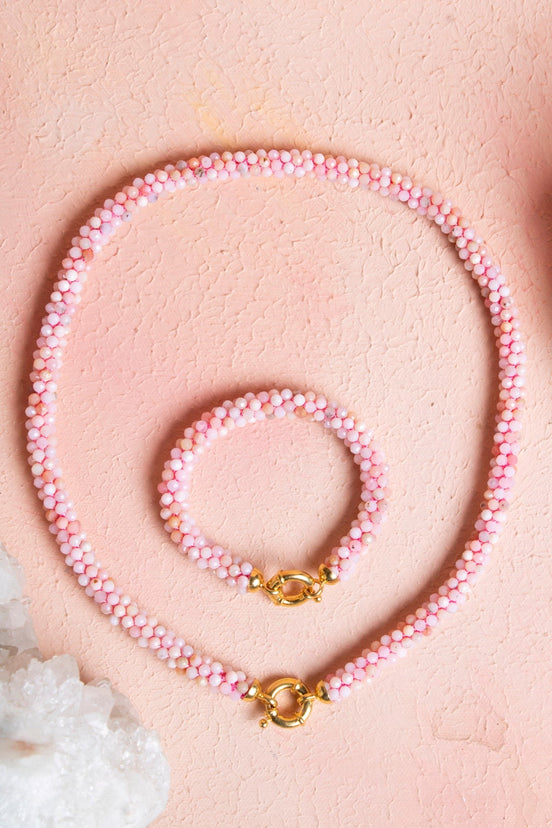 Sertifikalı El İşçiliği Örme Pembe Opal Gümüş Kapama Set (SK:106)