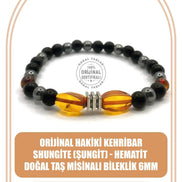 Orijinal Hakiki Kehribar - Shungite (Şungit) - Hematit Doğal Taş Misinalı Bileklik 6mm