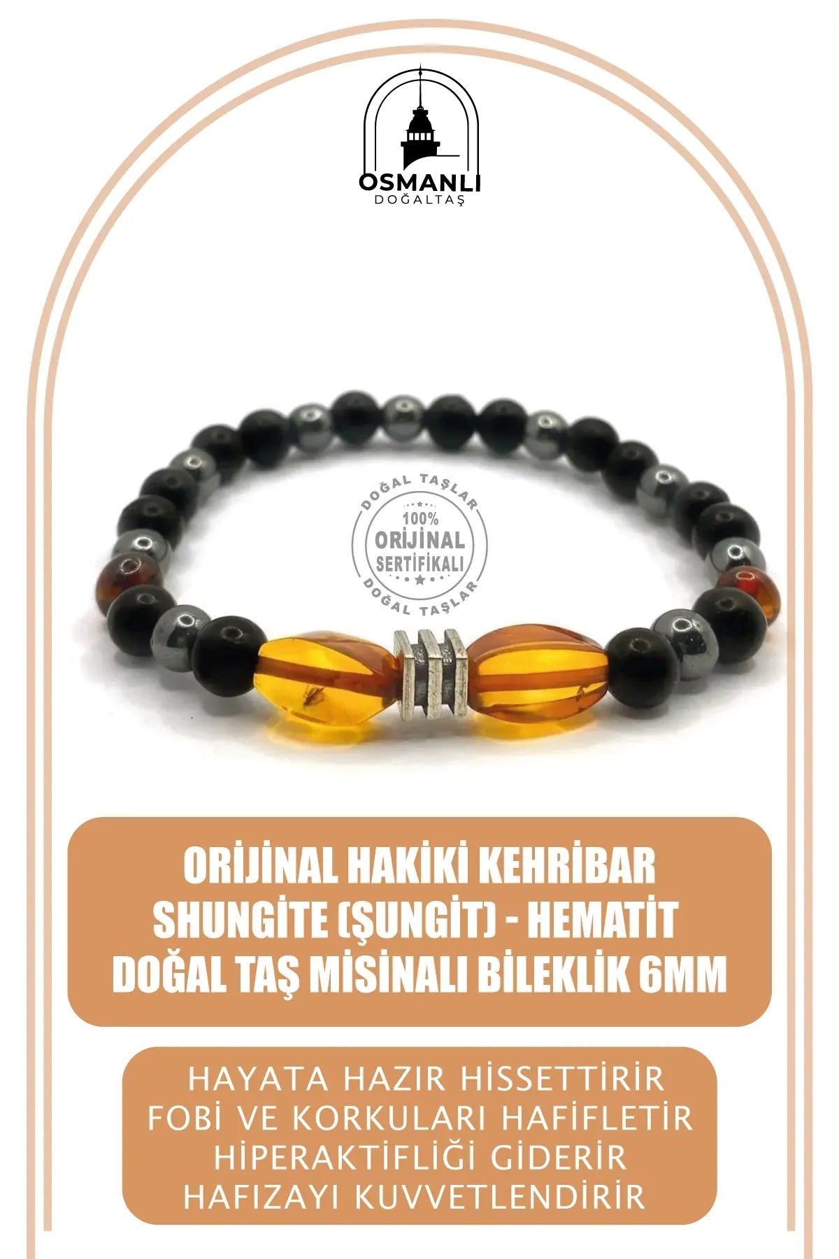 Orijinal Hakiki Kehribar - Shungite (Şungit) - Hematit Doğal Taş Misinalı Bileklik 6mm