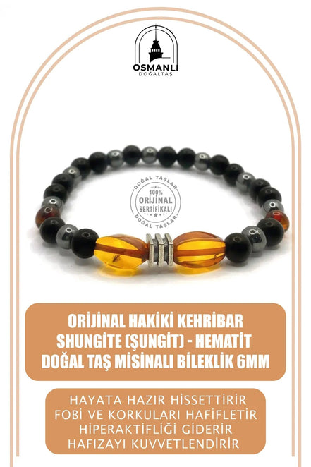 Orijinal Hakiki Kehribar - Shungite (Şungit) - Hematit Doğal Taş Misinalı Bileklik 6mm