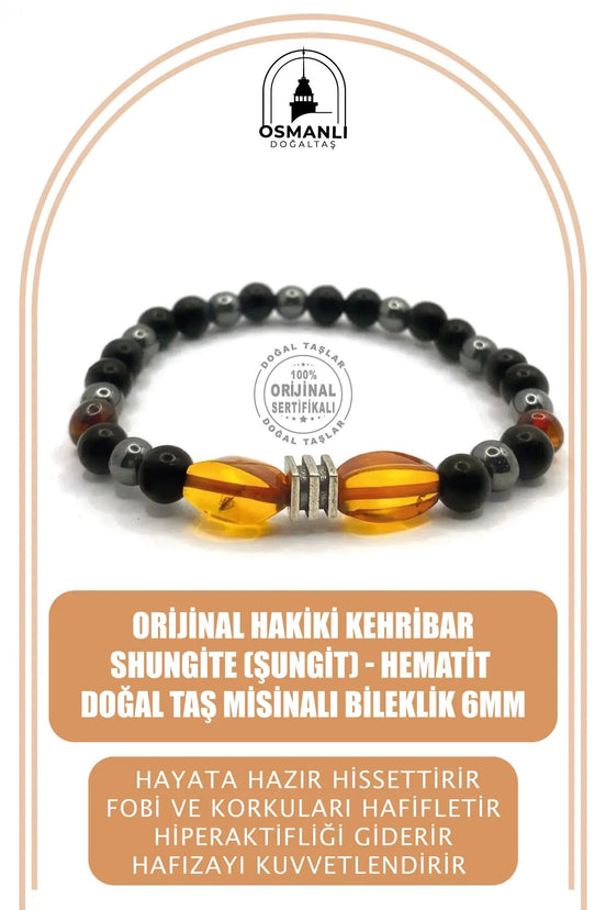 Orijinal Hakiki Kehribar - Shungite (Şungit) - Hematit Doğal Taş Misinalı Bileklik 6mm