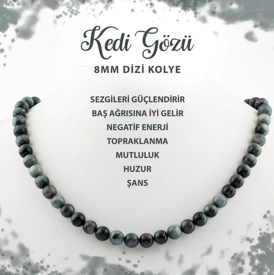 Kedi Gözü 8 mm Dizi Doğal Taş Kolye