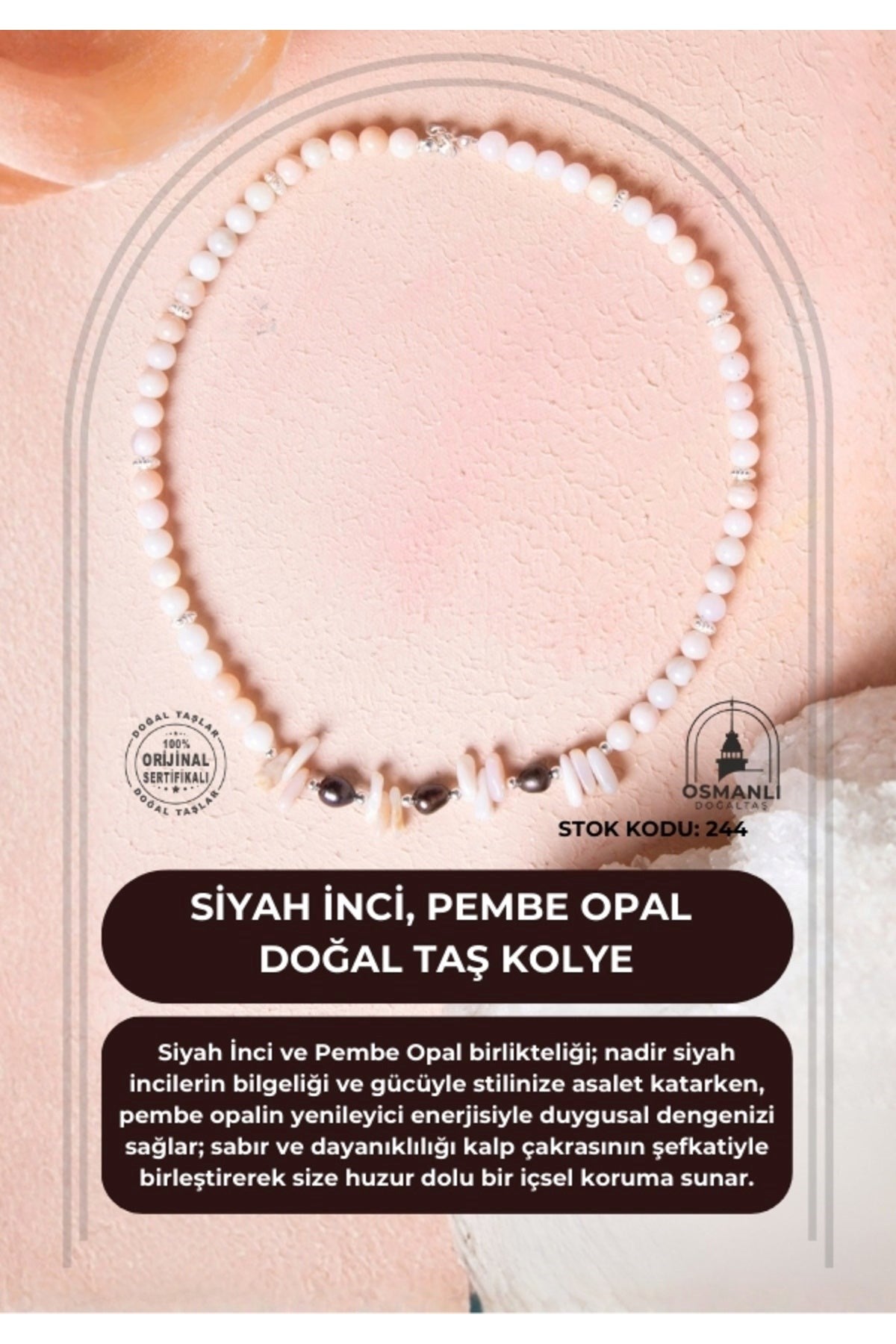 Siyah İnci, Pembe Opal Doğal Taş Kolye (SK:244)