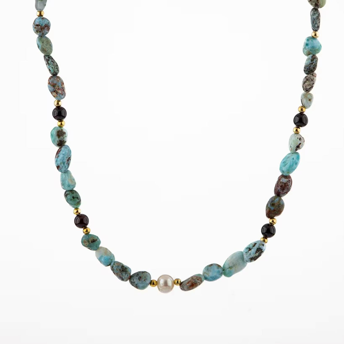 Larimar-Lal-Hematit-İnci-Ay Taşı Altın Kaplama Doğal Taş Kolye