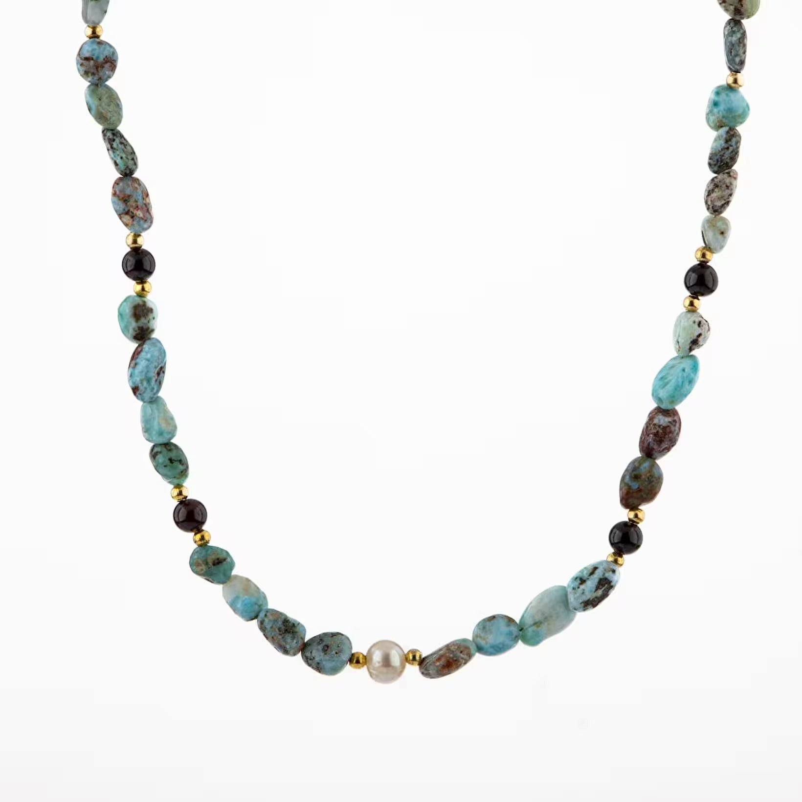 Larimar-Lal-Hematit-İnci-Ay Taşı Altın Kaplama Doğal Taş Kolye