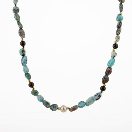 Larimar-Lal-Hematit-İnci-Ay Taşı Altın Kaplama Doğal Taş Kolye
