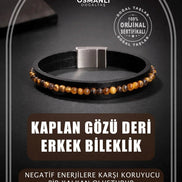 Kaplan Gözü Doğal Taş Deri Erkek Tasarım Bileklik