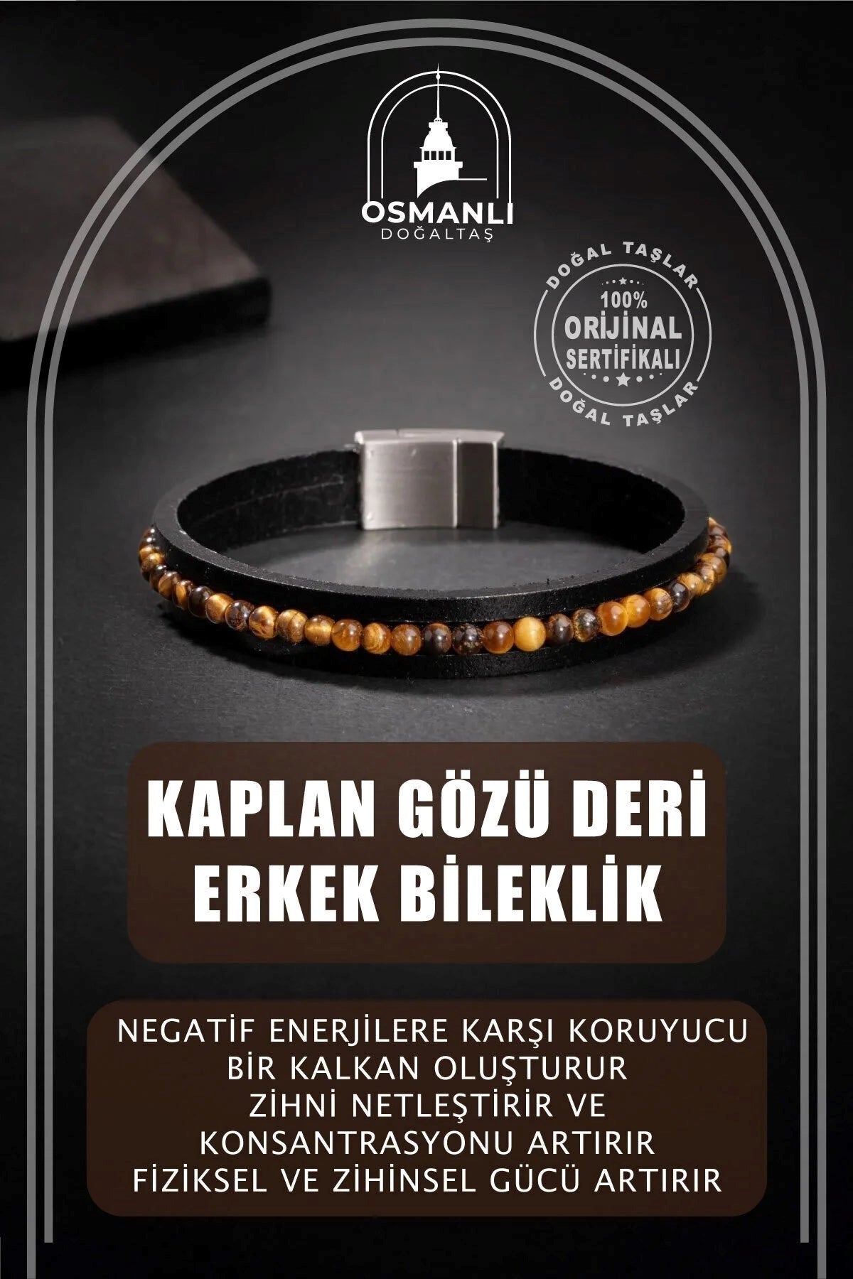 Kaplan Gözü Doğal Taş Deri Erkek Tasarım Bileklik
